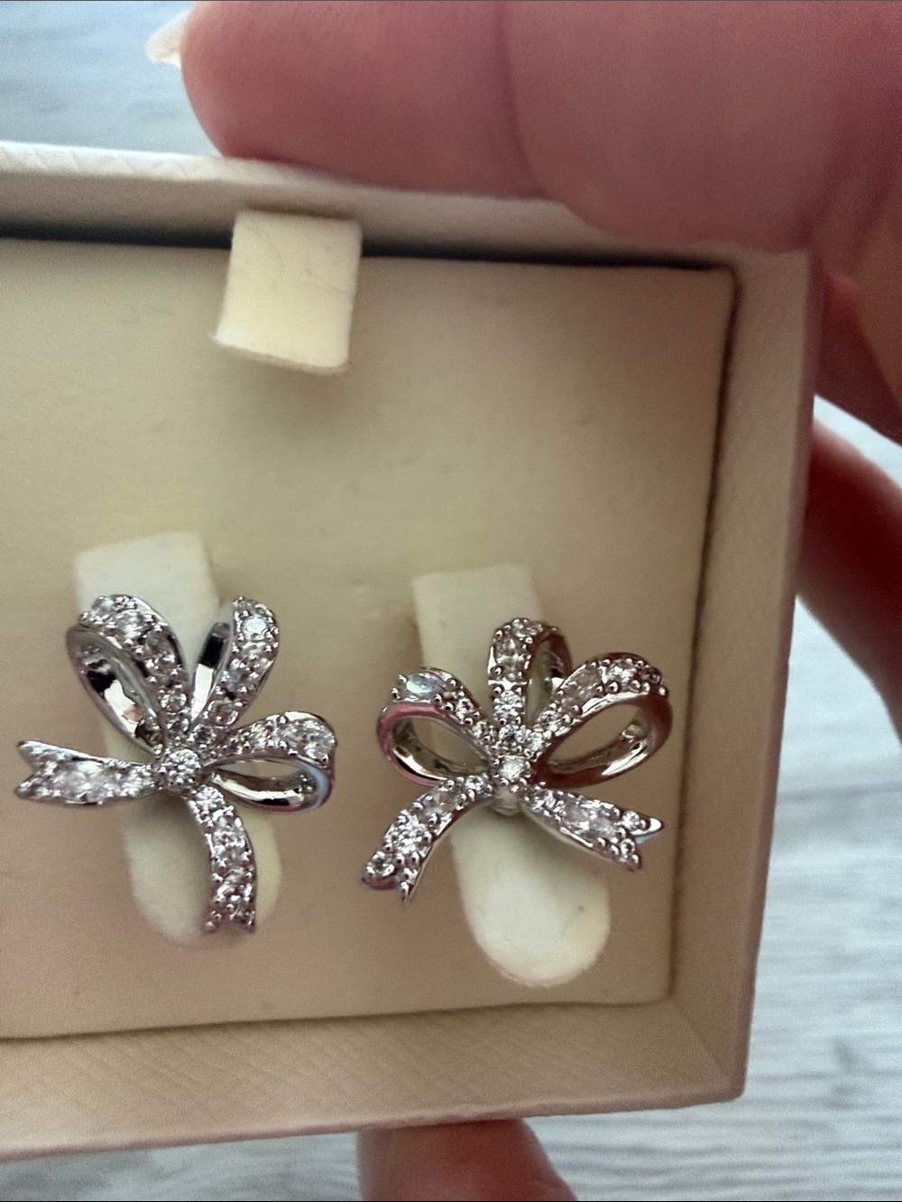 Swarovski Silver Crystal Bow Drop Earrings with White Pearl Accent - Picture 3 of 3